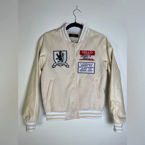 AKIRA Art School Varsity Jacket S Cream White Dropout Class Patches Indie Punk - Picture 7 of 14